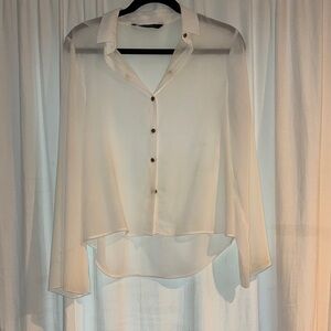 Zara White Button Down Shirt Asymmetrical Long Sleeve
